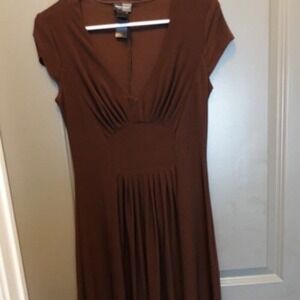 Bisou Bisou‎ Brown Midi Dress V-Neck Short Sleeve Pleated Career S